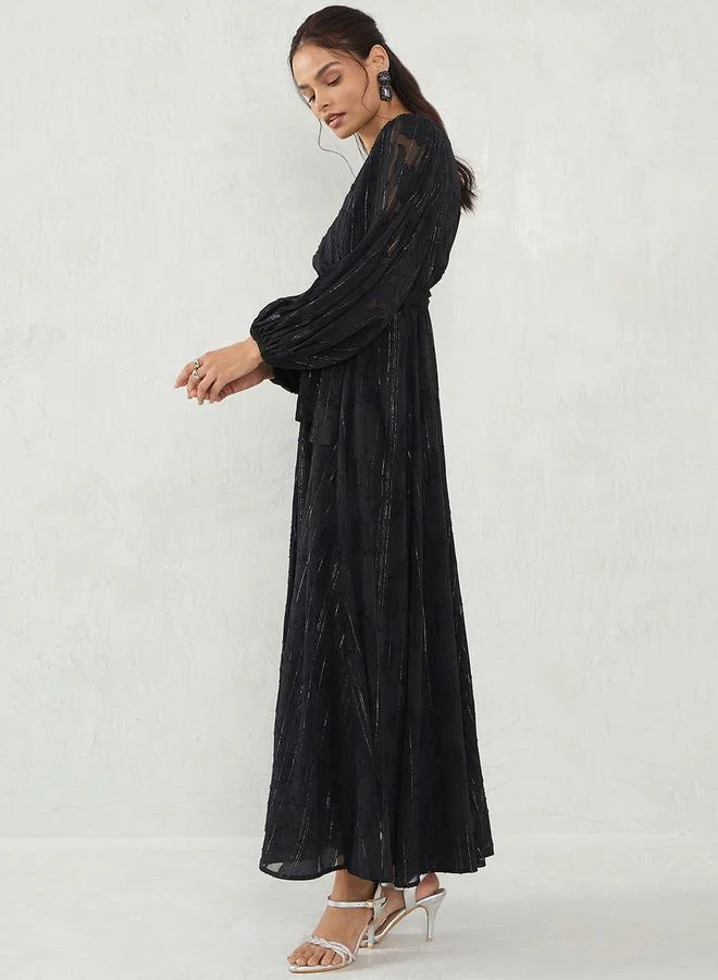 Femmella Femmella Black Self Design Wrap Look A-Line Maxi Dress