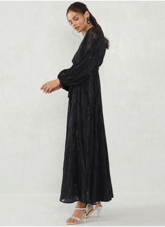Femmella Black Self Design Wrap Look A-Line Maxi Dress by Styli  - Image 3
