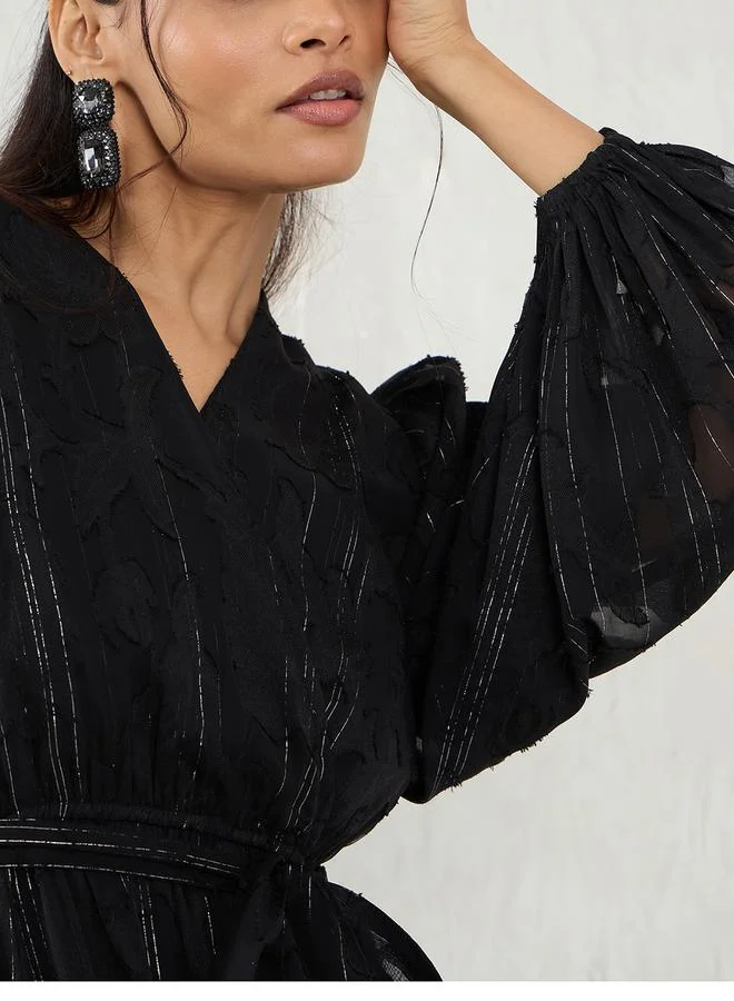 Femmella Femmella Black Self Design Wrap Look A-Line Maxi Dress