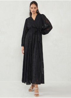 Femmella Black Self Design Wrap Look A-Line Maxi Dress by Styli  - Image 1
