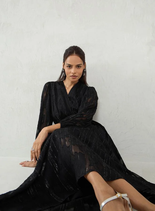 Femmella Femmella Black Self Design Wrap Look A-Line Maxi Dress
