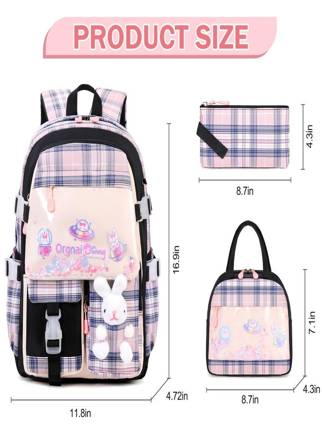 FIXITOK Girls Backpack Set, Kids Backpack for Girls, Kawaii Bunny School Bag for Girl Kindergarten Elementary Preschool, Plaid-blackpink, Daypack Backpacks - Image 2