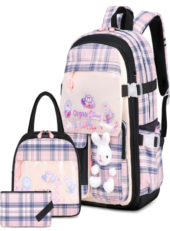 FIXITOK Girls Backpack Set, Kids Backpack for Girls, Kawaii Bunny School Bag for Girl Kindergarten Elementary Preschool, Plaid-blackpink, Daypack Backpacks - Image 1