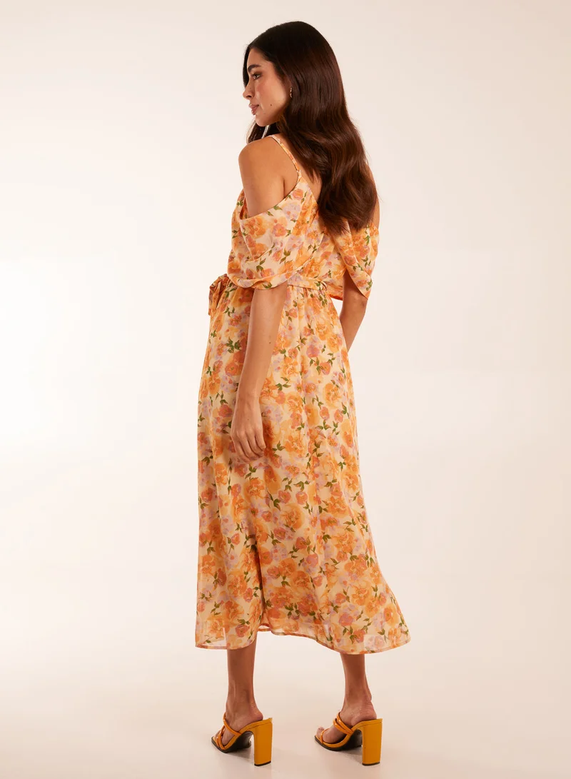 Blue Vanilla Cold Shoulder Detail Chiffon Belted Waist Midi Dress