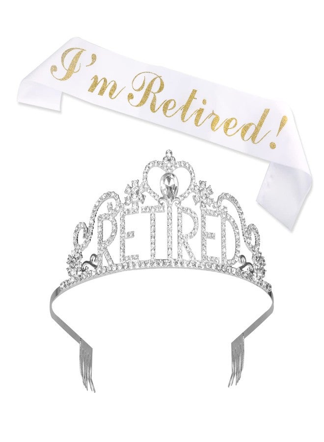 KINBOM 1 Set Retirement Crown and Sash, Glitter Rhinestone Officially Retired Crown and Retired Sash Retirement Party Decorations Supplies for Women (Silver, White, Golden) - Image 1
