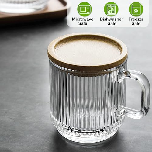 Mfacoy 2 PACK Glass Coffee Mugs with Handle & Spoon, 12 OZ Glass Coffee Cups with Bamboo Lid, Ribbed Glass Cups, Clear Tea Cup for Hot/Cold Beverages, Glassware Set for Americano, Latte, Cappuccino - Image 5