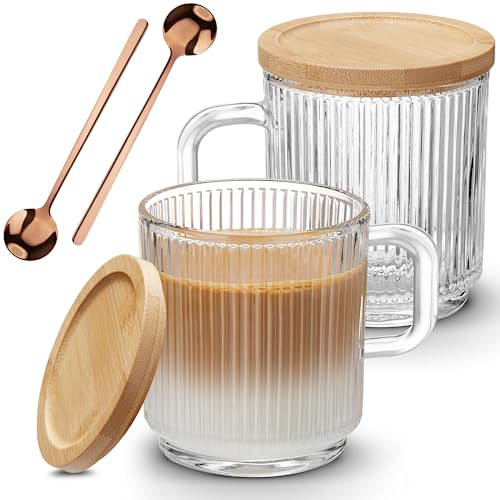 Mfacoy 2 PACK Glass Coffee Mugs with Handle & Spoon, 12 OZ Glass Coffee Cups with Bamboo Lid, Ribbed Glass Cups, Clear Tea Cup for Hot/Cold Beverages, Glassware Set for Americano, Latte, Cappuccino - Image 1