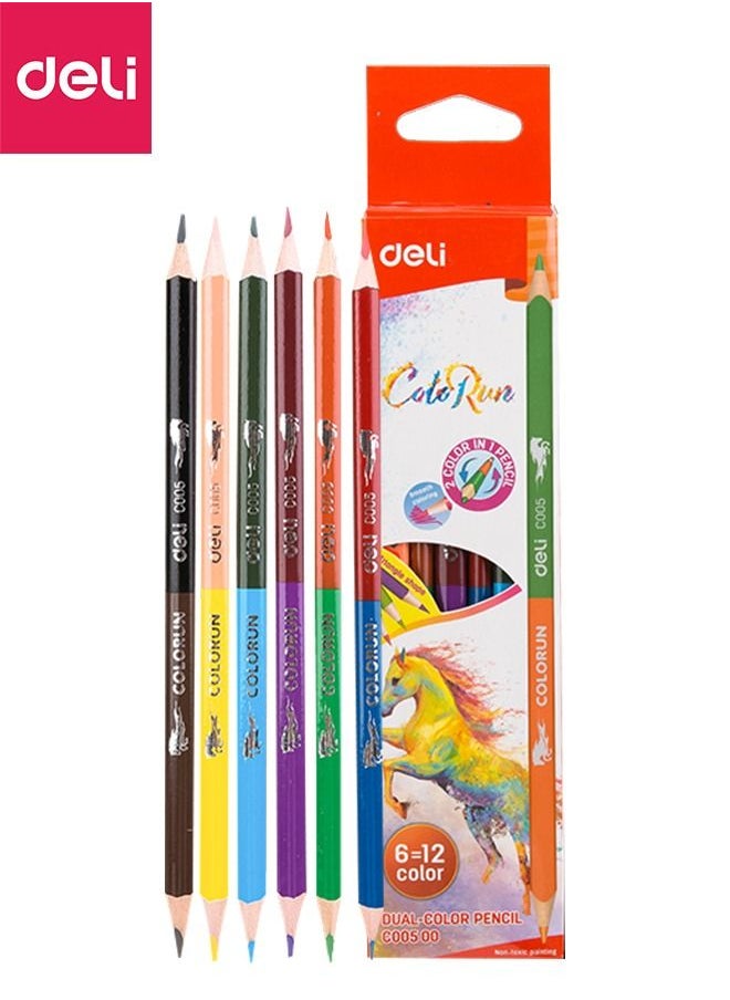 Deli 6-Piece 12 Colors Double-end Coloured Pencil Set Wooden Break-protected Color Pencil Multicolour  - Image 1
