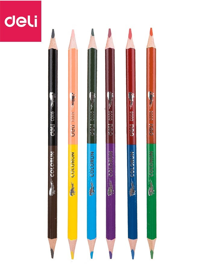 Deli 6-Piece 12 Colors Double-end Coloured Pencil Set Wooden Break-protected Color Pencil Multicolour  - Image 2