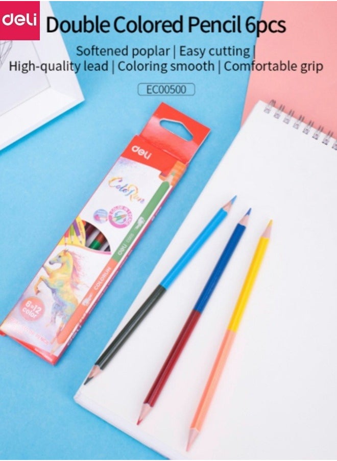Deli 6-Piece 12 Colors Double-end Coloured Pencil Set Wooden Break-protected Color Pencil Multicolour  - Image 3