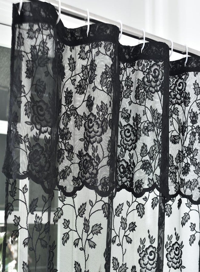 TERLYTEX Lace Shower Curtain With Attached Valance, Rustic Vintage Floral Sheer Curtain 72 Inch Length for Bathroom, 1 Panel, Black - Image 2