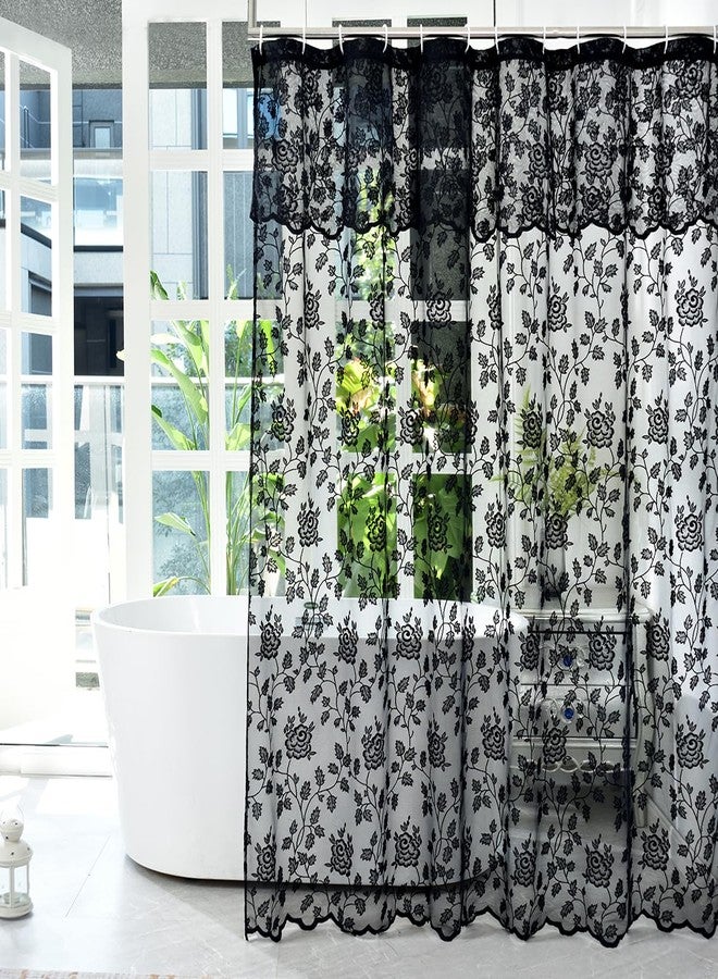 TERLYTEX Lace Shower Curtain With Attached Valance, Rustic Vintage Floral Sheer Curtain 72 Inch Length for Bathroom, 1 Panel, Black - Image 1