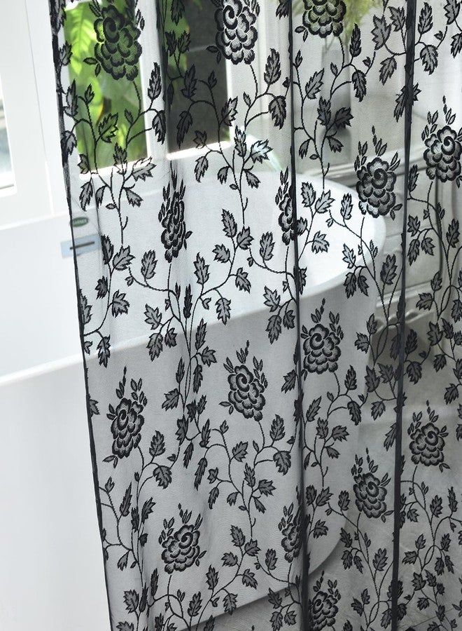 TERLYTEX Lace Shower Curtain With Attached Valance, Rustic Vintage Floral Sheer Curtain 72 Inch Length for Bathroom, 1 Panel, Black - Image 4