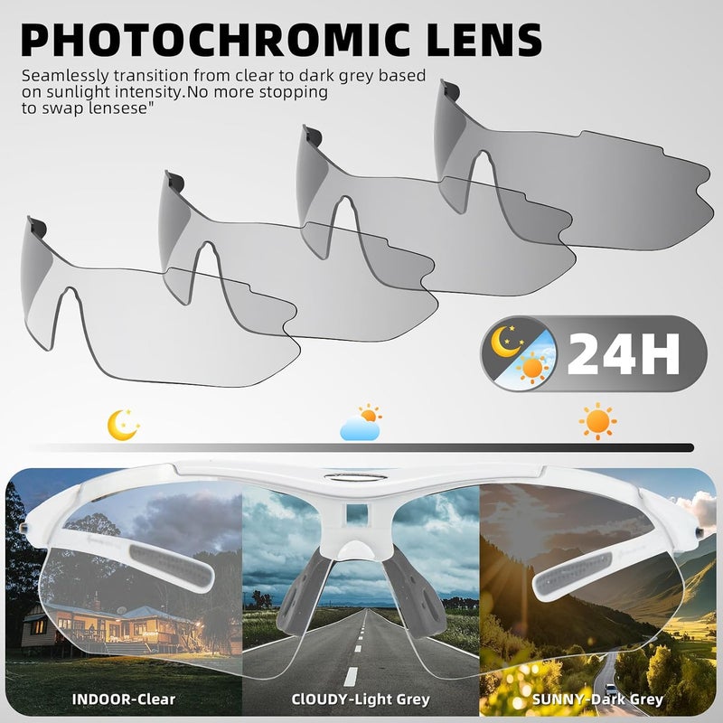 ROCKBROS Photochromic Sports Sunglasses for Men - Cycling and Pickleball Glasses with Removable Elastic Band, White - Image 3