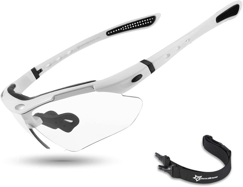 ROCKBROS Photochromic Sports Sunglasses for Men - Cycling and Pickleball Glasses with Removable Elastic Band, White - Image 1