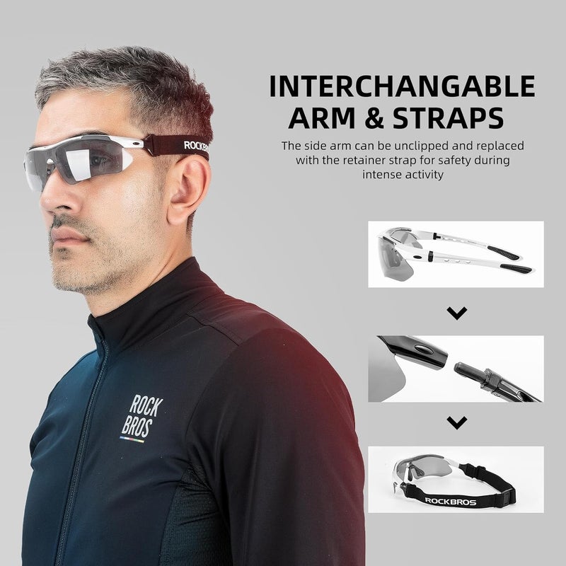 ROCKBROS Photochromic Sports Sunglasses for Men - Cycling and Pickleball Glasses with Removable Elastic Band, White - Image 4
