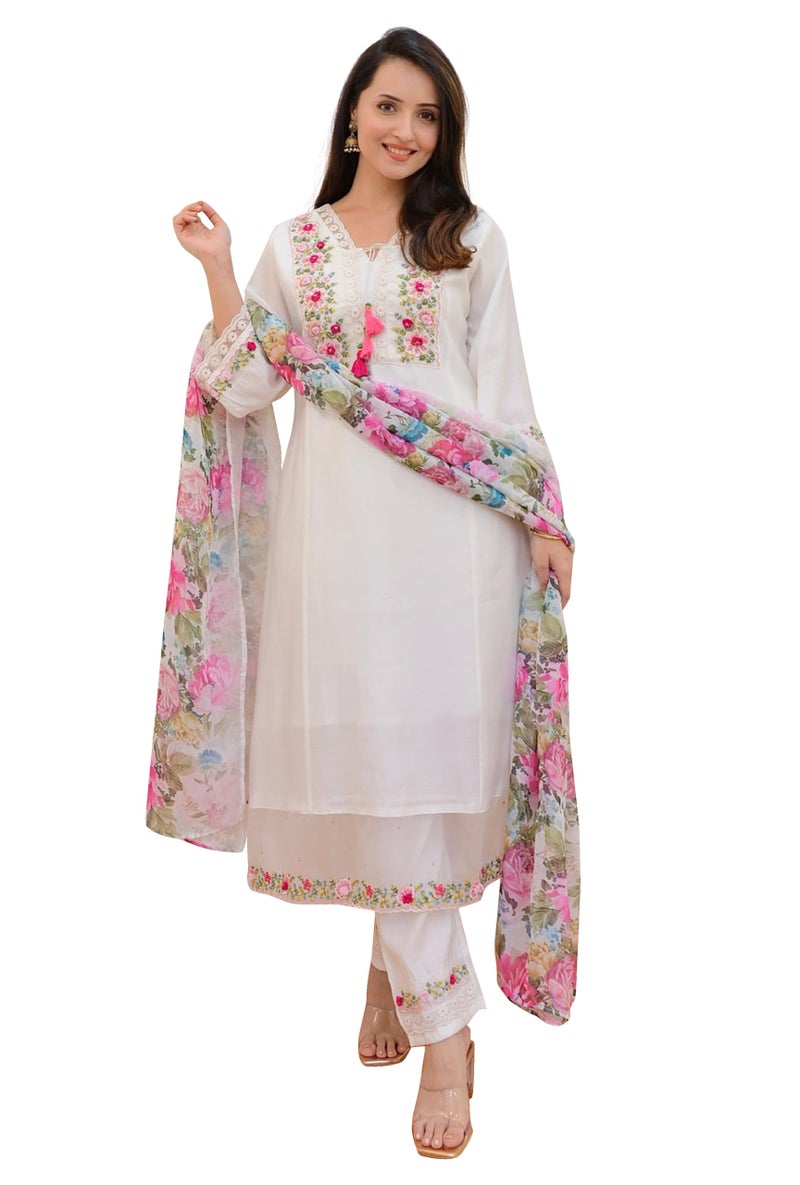 TRENDMALLS Women's Viscose Silk Embroidery A-line Kurta Pant Salwar Suit Set (G292-White-S) - Image 1