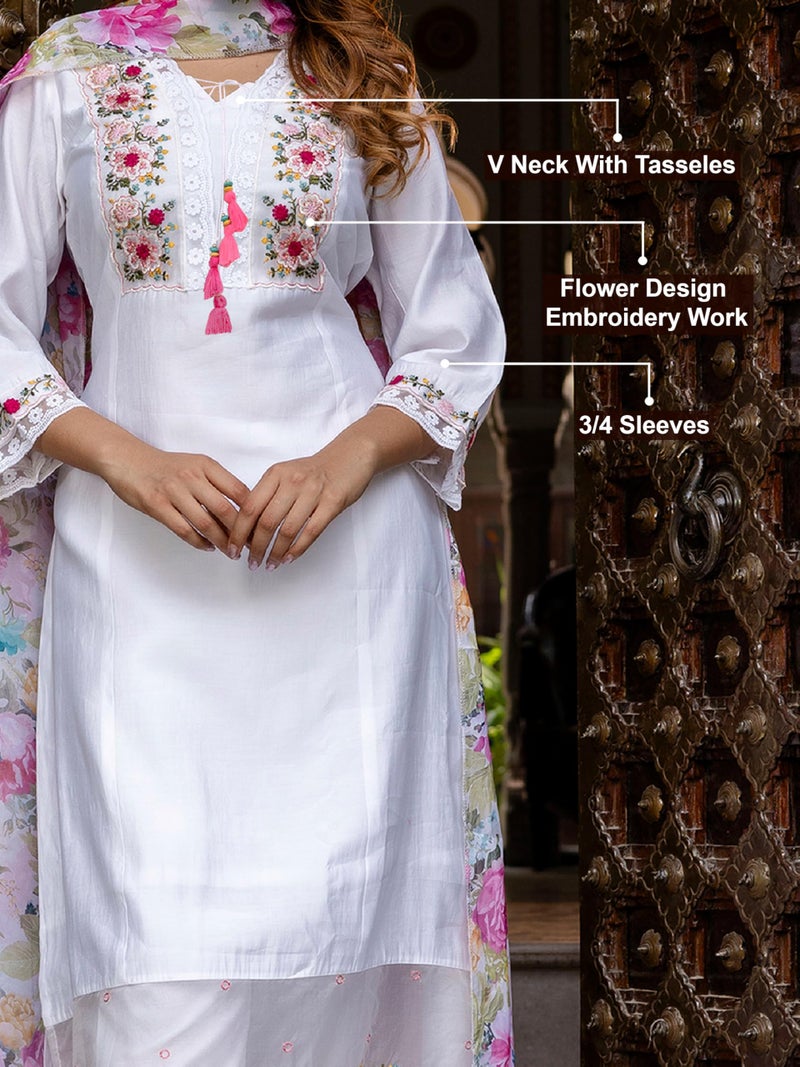 TRENDMALLS Women's Viscose Silk Embroidery A-line Kurta Pant Salwar Suit Set (G292-White-S) - Image 4