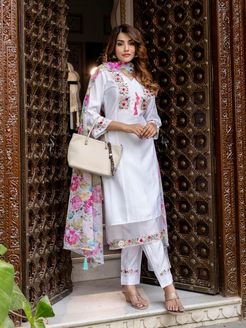 TRENDMALLS Women's Viscose Silk Embroidery A-line Kurta Pant Salwar Suit Set (G292-White-S) - Image 3