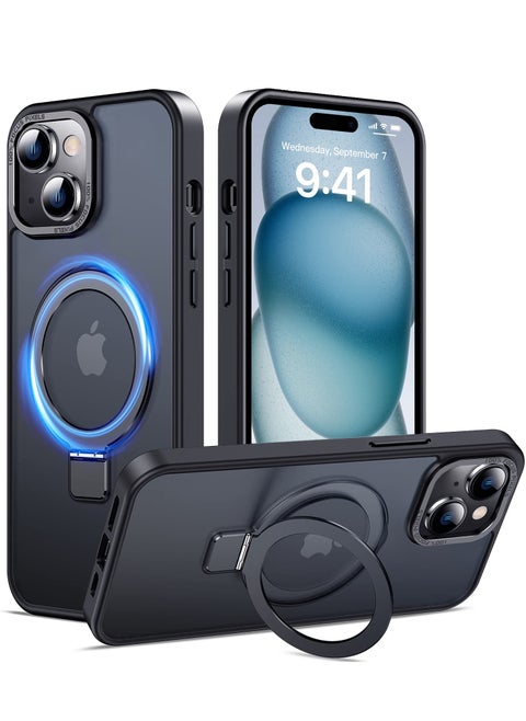 iPhone 15 MagSafe Case with Magnetic Invisible Stand,【Full Shockproof Protection】Matte Back Phone Cover with Magnet Kickstand for Apple 15 (2023)(Black)