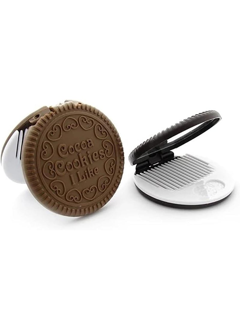 AKOAK AKOAK Makeup Mirror, Cute Cookie Shaped Design Mirror with Comb, Portable Chocolate Makeup Mirror, 2 Pieces 