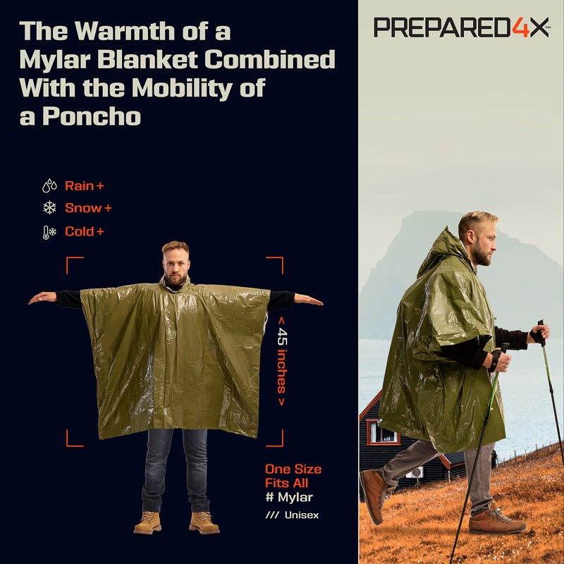 PREPARED4X Emergency Poncho with Mylar Blanket Liner – Heavy Duty, Waterproof, Wind-Resistant Green Rain Poncho for Outdoors, Camping, and Car Emergency Kits - Thermal Poncho - 4 Pack (Green) - Image 2