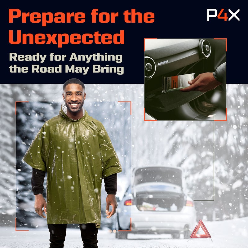 PREPARED4X Emergency Poncho with Mylar Blanket Liner – Heavy Duty, Waterproof, Wind-Resistant Green Rain Poncho for Outdoors, Camping, and Car Emergency Kits - Thermal Poncho - 4 Pack (Green) - Image 5