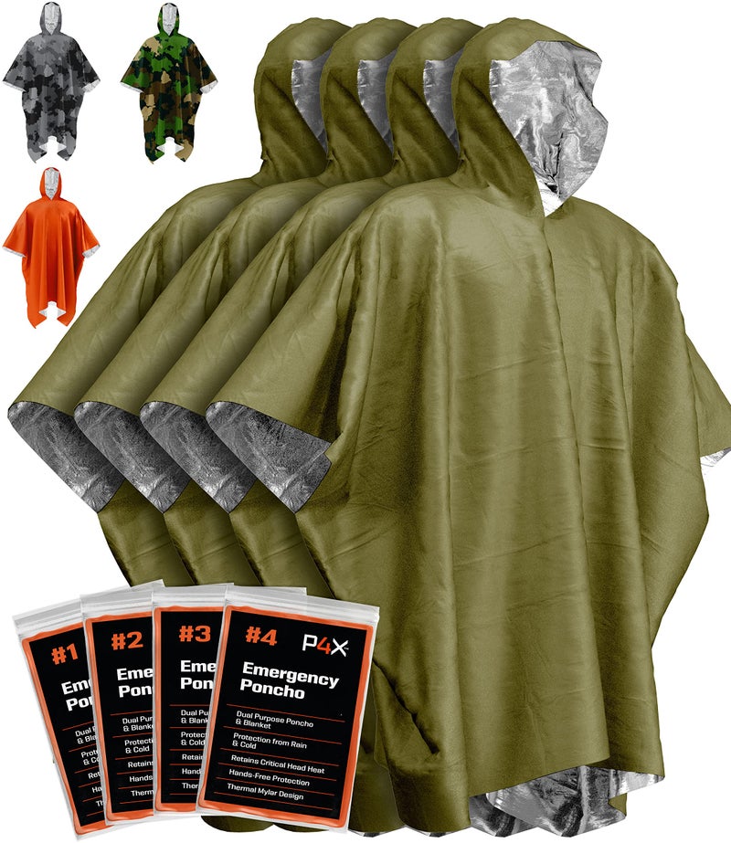 PREPARED4X Emergency Poncho with Mylar Blanket Liner – Heavy Duty, Waterproof, Wind-Resistant Green Rain Poncho for Outdoors, Camping, and Car Emergency Kits - Thermal Poncho - 4 Pack (Green) - Image 1
