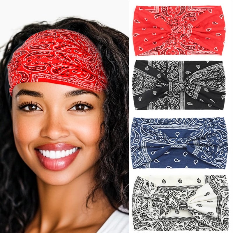 Urieo Boho Bandanas for Women Stretch Paisley Print Bandana Headband Knotted Hair Bandana Wide Hair Band Yoga Daily HeadbandsPack of 4B