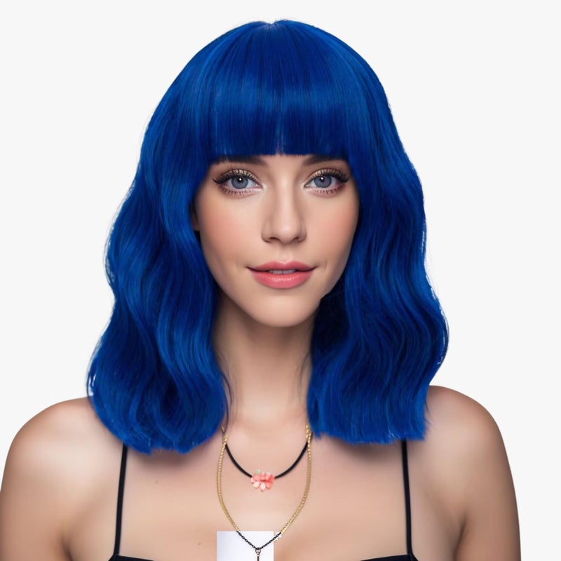 LABEAUT Blue Wig Short Bob Wavy Wig with Air Bangs for Women Heat Resistance Shoulder Length Curled Wigs for Daily Use Cosplay and Theme Parties 14inch Royal Blue