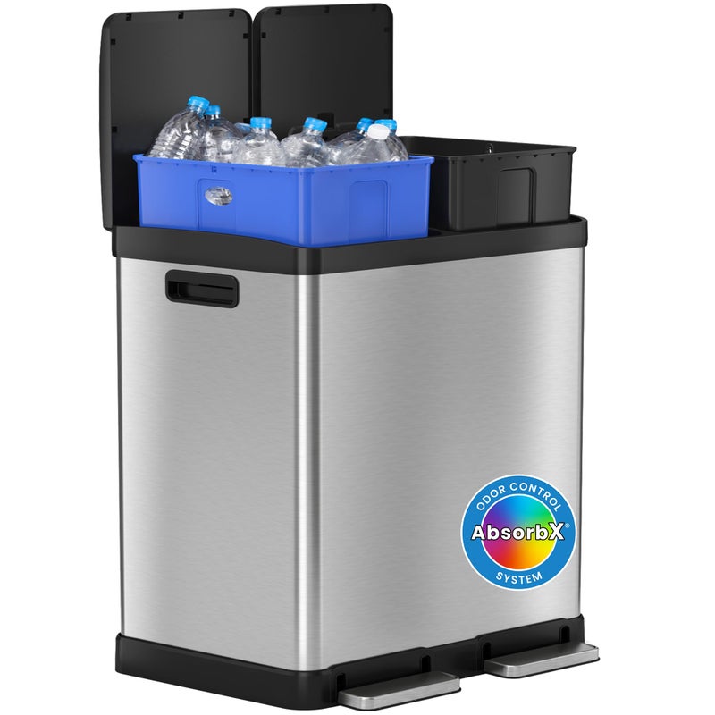 iTouchless iTouchless 16 Gallon Dual Trash Can and Recycling Bin for Kitchen with Odor Filters 2 x 8Gal 30L Inner Buckets Airtight Lid Seal Stainless Steel Trashcan Handles Soft Close Lid for Home Office 