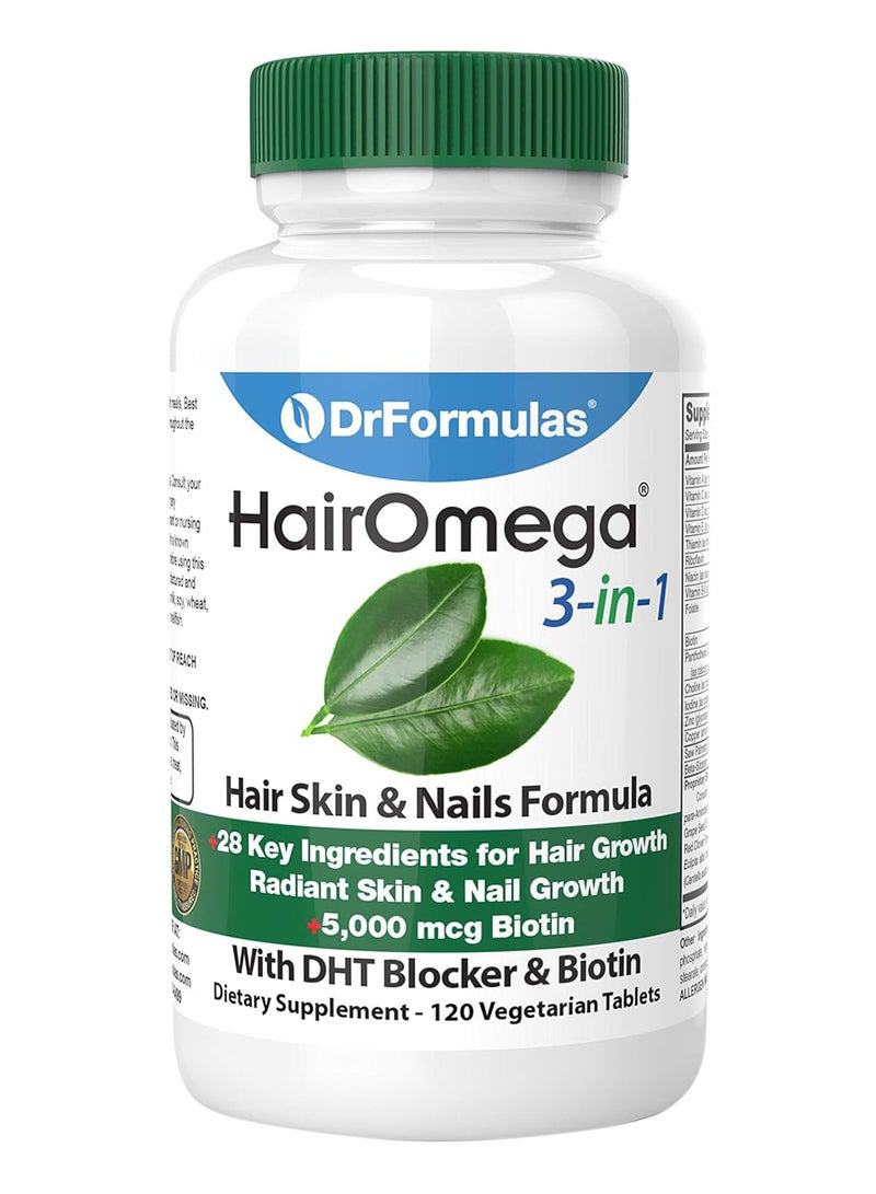 DrFormulas هايروميغا 3 في 1 فيتامينات نمو الشعر مع مثبط DHT مكمل البيوتين للشعر والبشرة والأظافر للنساء والرجال 120 حبة - Image 1
