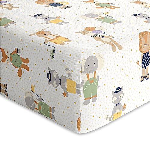 haus & kinder Haus and Kinder 100% Cotton Fitted Cot Crib Sheet | Bed Sheets for Newborn Baby Crib Mattress | Deep Pocket All Round Elastic Fitted Crib Sheet for Baby| Size 132 cm x 71 cm | Jungle Party - Image 1