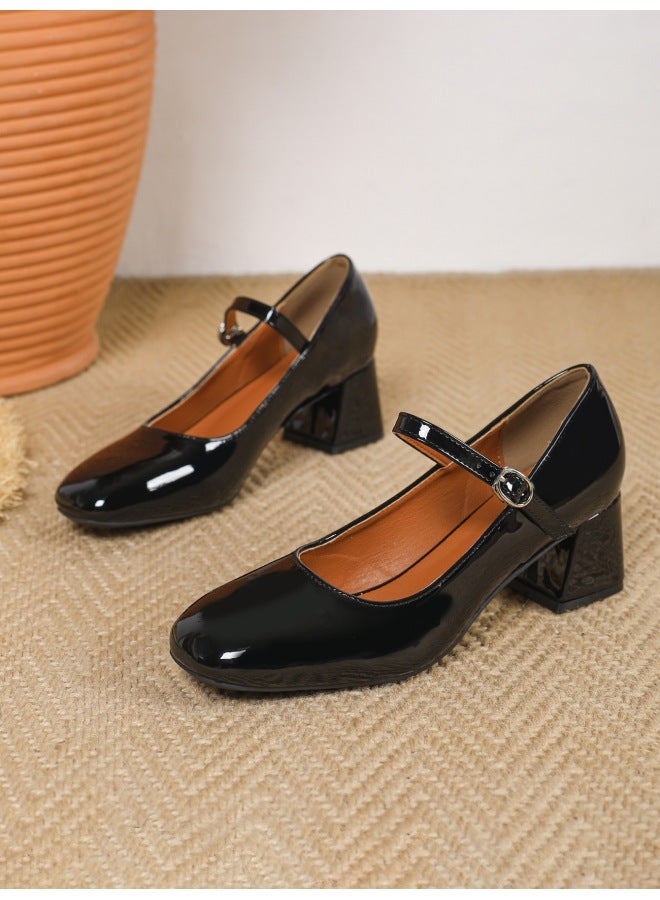 British Retro Patent Mary Jane Pumps | Chunky Heel, Thick Sole, Hollow Roman-Style Detailing - Image 1