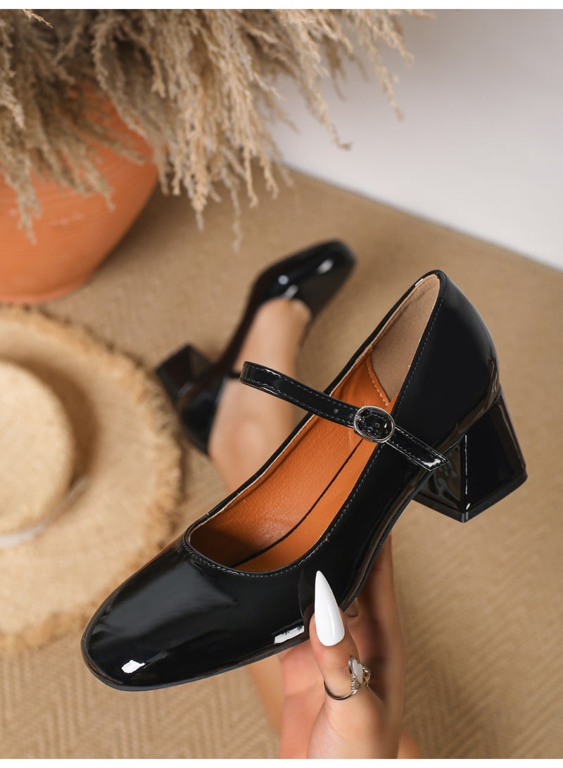British Retro Patent Mary Jane Pumps | Chunky Heel, Thick Sole, Hollow Roman-Style Detailing - Image 2