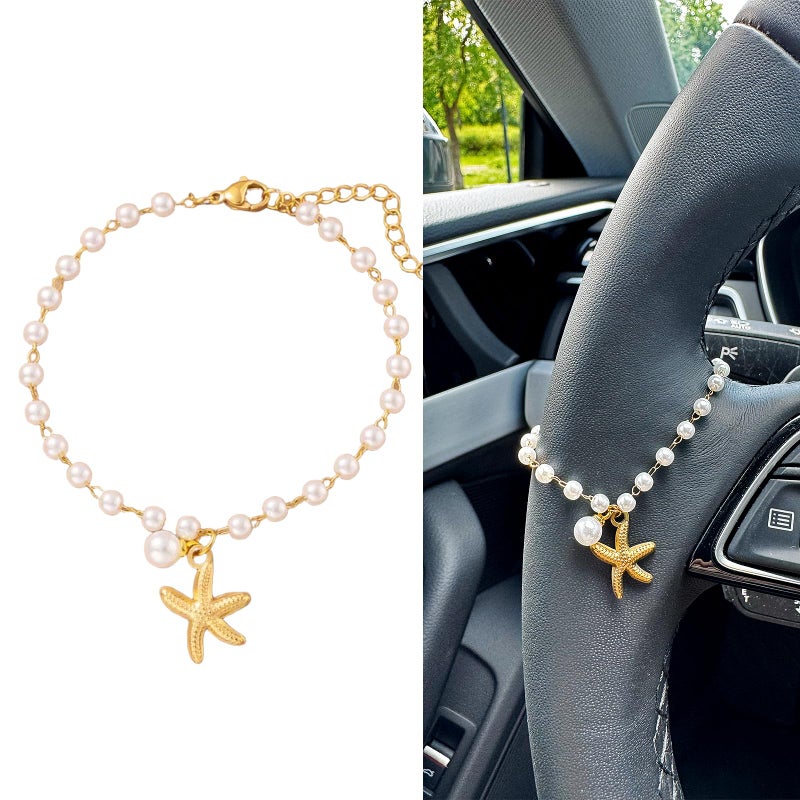 Joytezz Steering Wheel Charm Accessory Starfish Peral Pendant Car Decor Rearview Mirror Hanging Charm Women Teen Girl Gifts Gold - Image 1