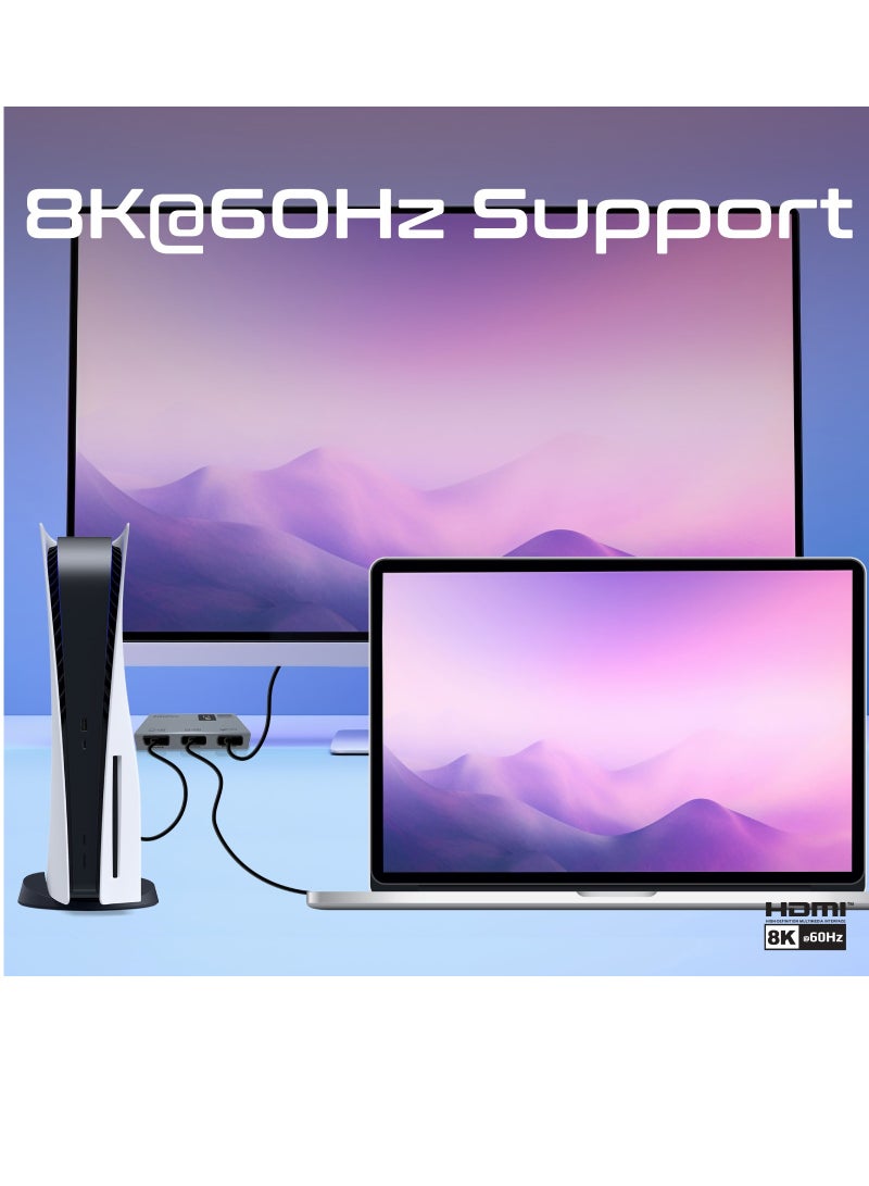 بروميت محول HDMI 8K، محول HDMI صوت وفيديو 3 في 1 محمول مع مخرج 8K @60 هرتز فائق الدقة، منافذ HDMI ثلاثية، تحكم ذكي باللمس، ودعم التوصيل والتشغيل رمادي - Image 4