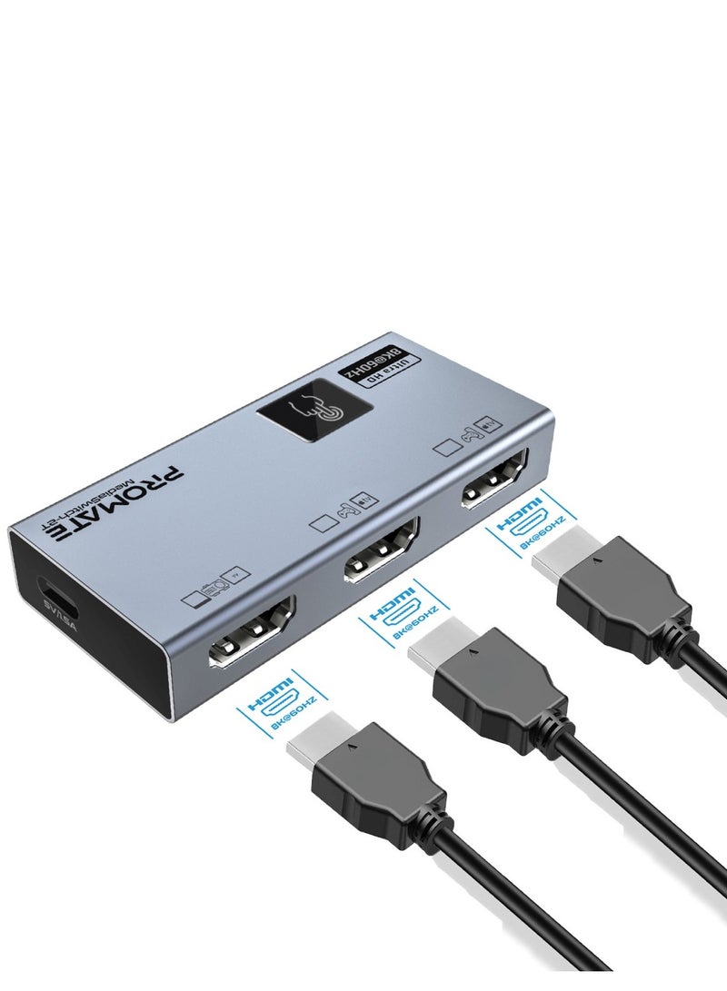 بروميت محول HDMI 8K، محول HDMI صوت وفيديو 3 في 1 محمول مع مخرج 8K @60 هرتز فائق الدقة، منافذ HDMI ثلاثية، تحكم ذكي باللمس، ودعم التوصيل والتشغيل رمادي - Image 1