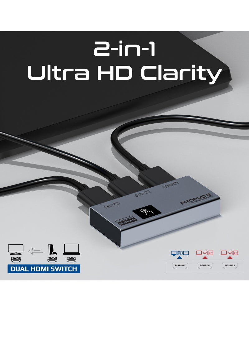 بروميت محول HDMI 8K، محول HDMI صوت وفيديو 3 في 1 محمول مع مخرج 8K @60 هرتز فائق الدقة، منافذ HDMI ثلاثية، تحكم ذكي باللمس، ودعم التوصيل والتشغيل رمادي - Image 2