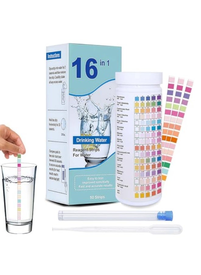 Generic مجموعة اختبار المياه الممتازة 16 في 1 مكونة من 100 شريط من تريزالميكس، شرائط اختبار الماء، مياه الشرب، مياه الصنبور، مياه الآبار، حمام السباحة والمنتجعات الصحية، اختبار جودة المياه الاحترافي للمنزل  - Image 1