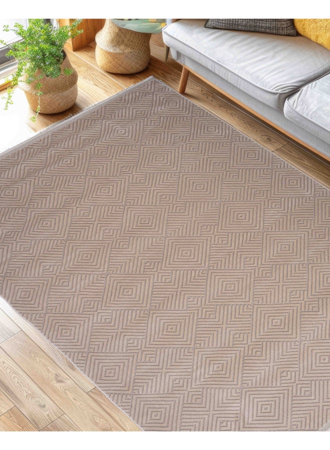 Almas Kavir Carpet سجادة منسوجة بقوام ناعم | تصميم شبكي ريفي - بيج | الحجم - 150x225 سم (5x7 قدم) | لغرفة عائلية متوسطة الحجم، غرفة نوم مع أسرّة كوين، منطقة طعام تتسع لـ 4-6 أشخاص، ممرات المدخل وردهات الاستقبال - Image 2