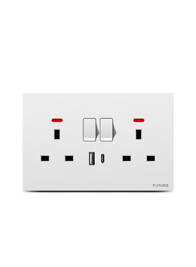Future Double UK Power Socket with USB-A & USB-C Ports | Switched Wall Outlet with Fast Charging | Modern White Finish Electrical Plug Socket for Home, Office & Smart Devices – FUTURE Series"