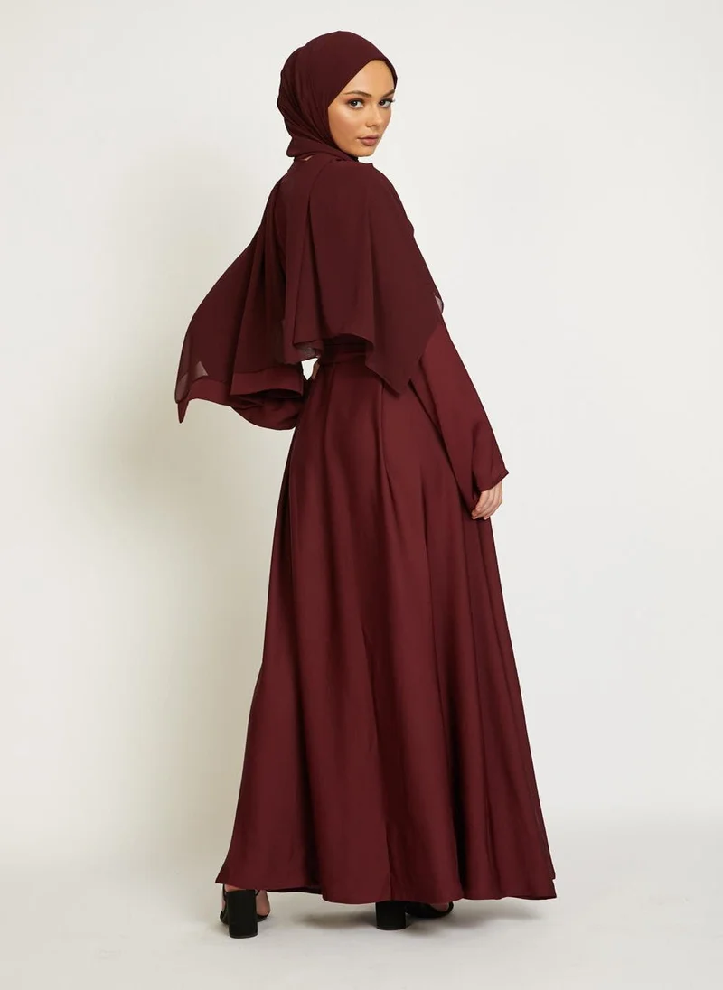 NUKHBAA Elegant Maroon plain abaya wityh belt and Hijab-AB85