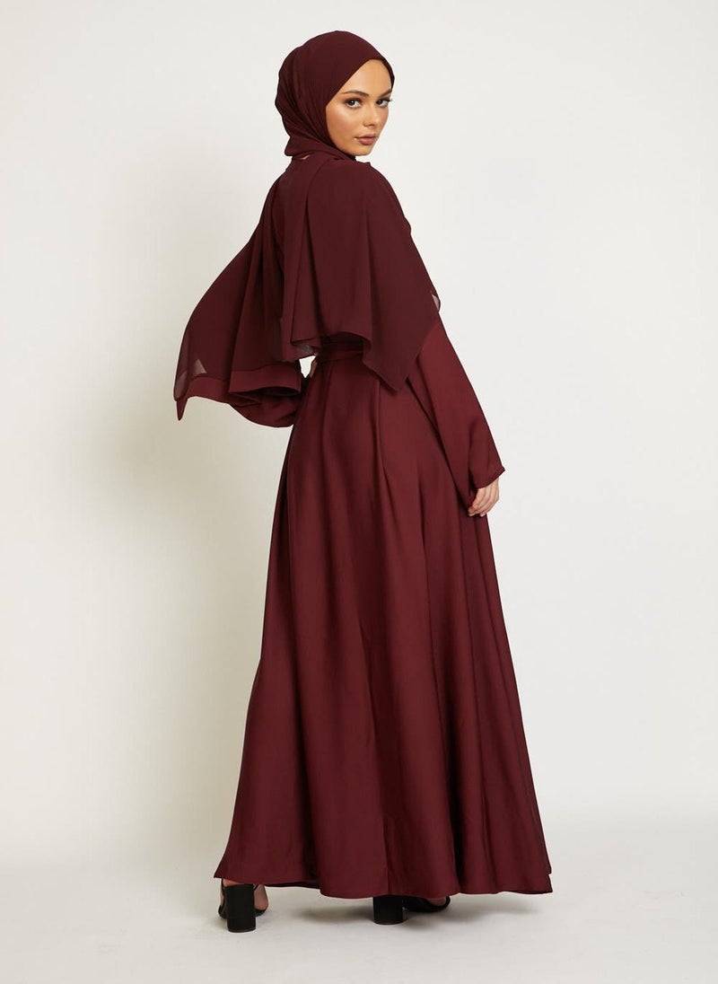 NUKHBAA Elegant Maroon plain abaya wityh belt and Hijab-AB85 - Image 3
