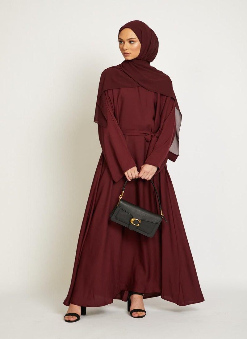 NUKHBAA Elegant Maroon plain abaya wityh belt and Hijab-AB85 - Image 1