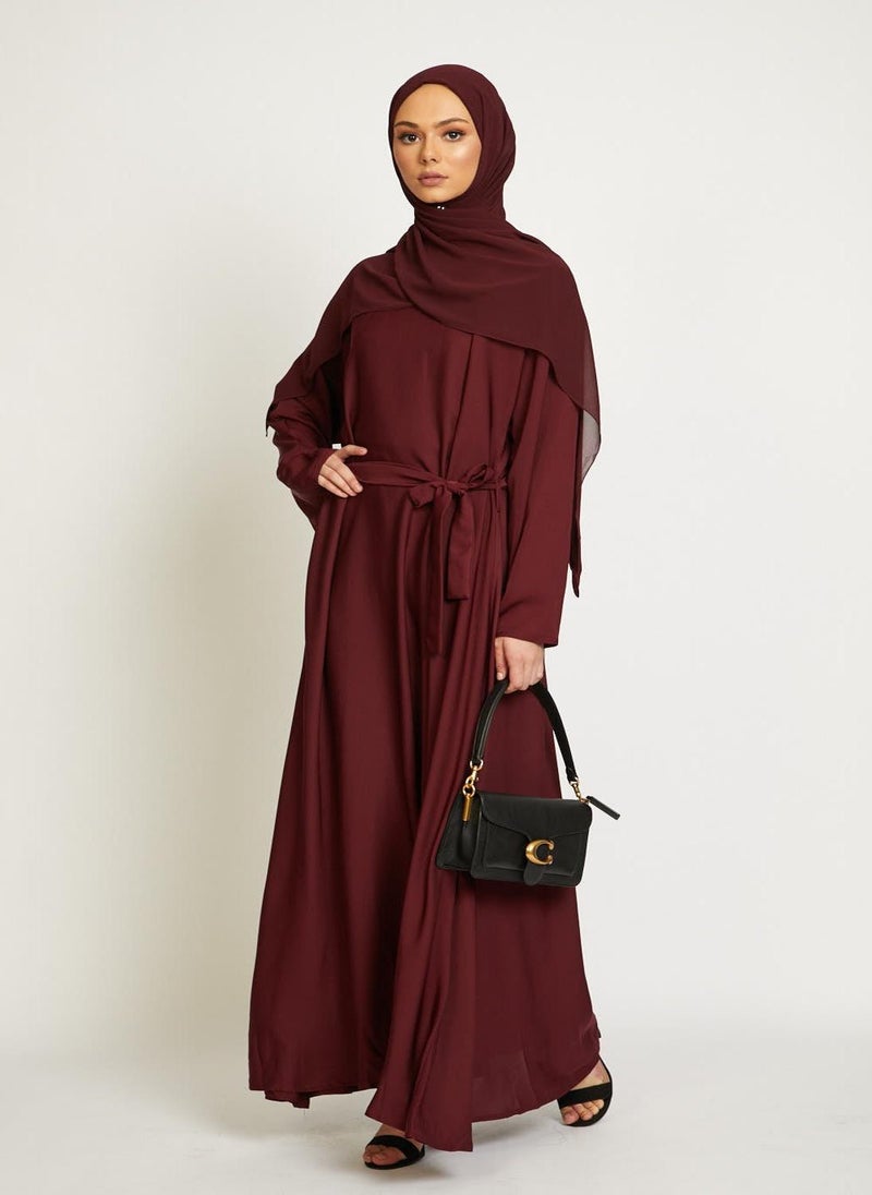 NUKHBAA Elegant Maroon plain abaya wityh belt and Hijab-AB85 - Image 2