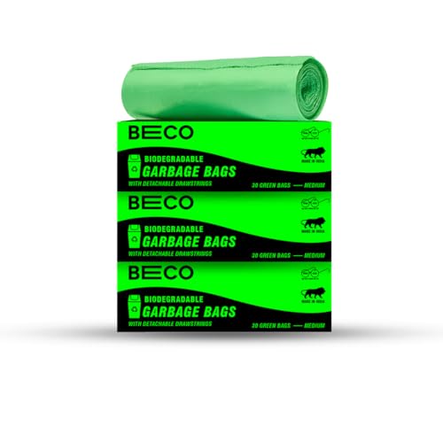 Beco Eco-Friendly Garbage Bags | 90 Pcs | Medium-19 x 21 Inches | 30 Bags x 3 Rolls | Green | Dustbin/Trash Bags with Detachable Drawstrings | For Dry & Wet waste - Image 1