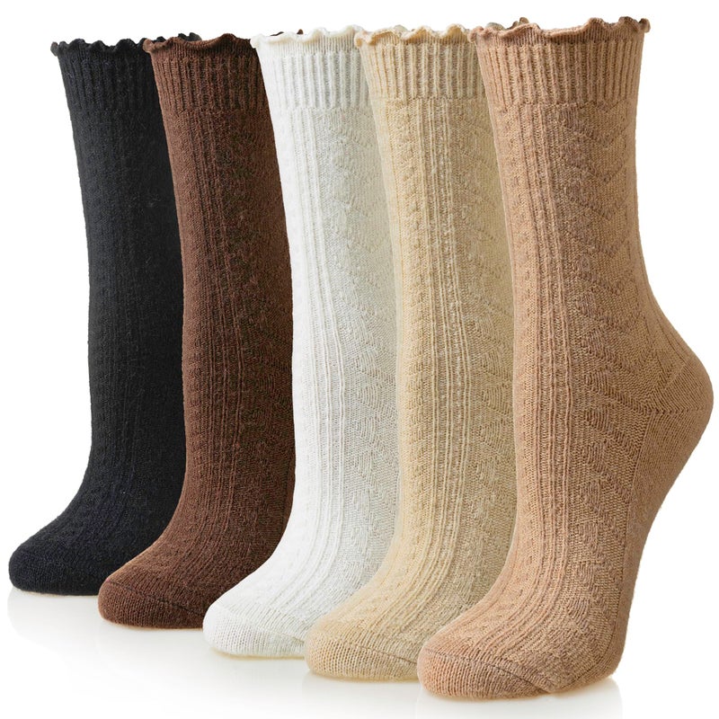 Eyean Womens Merino Wool Ruffle Socks Knit Warm Boot Winter Cozy Thermal Hiking Dress Crew Frilly Socks 5 Pairs (Beige White Khaki) - Image 1