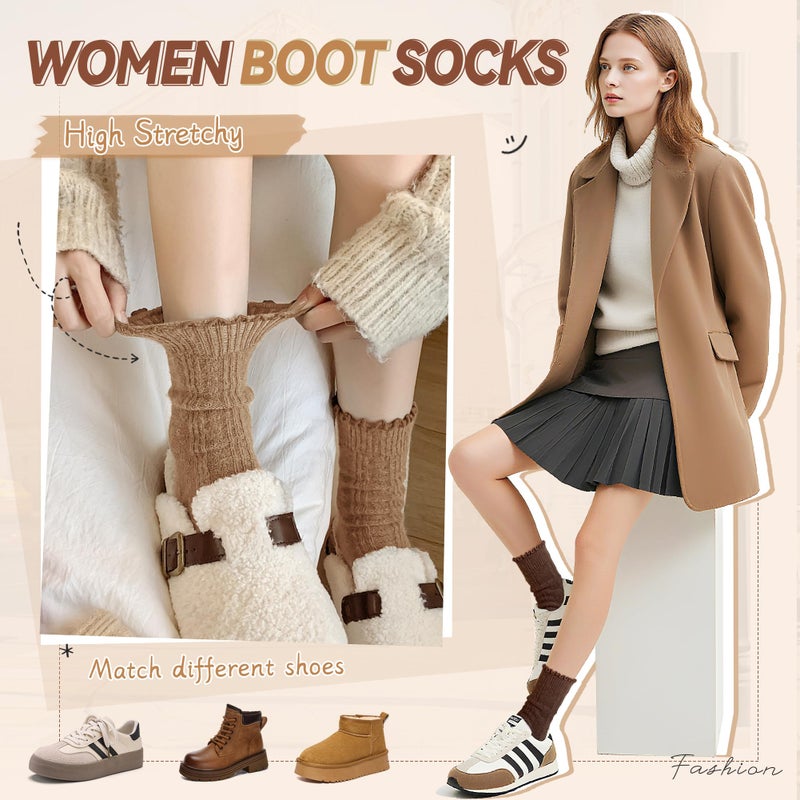 Eyean Womens Merino Wool Ruffle Socks Knit Warm Boot Winter Cozy Thermal Hiking Dress Crew Frilly Socks 5 Pairs (Beige White Khaki) - Image 5