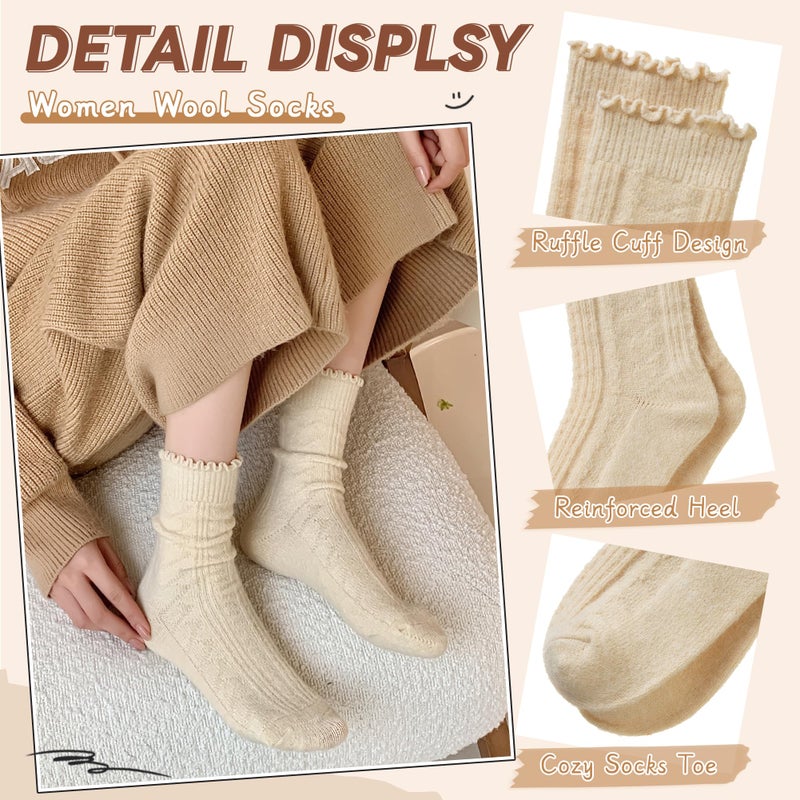Eyean Womens Merino Wool Ruffle Socks Knit Warm Boot Winter Cozy Thermal Hiking Dress Crew Frilly Socks 5 Pairs (Beige White Khaki) - Image 4